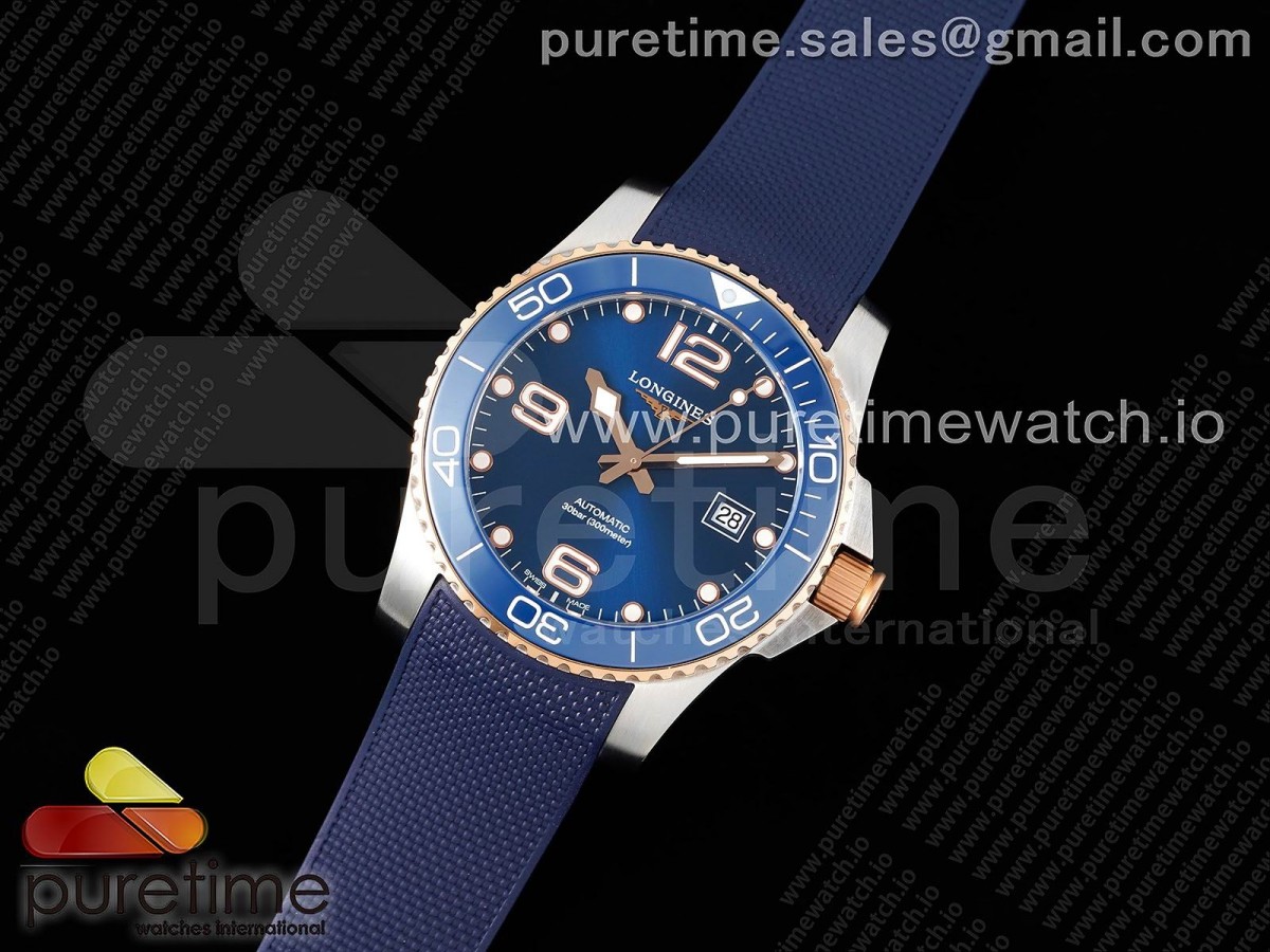 ZF공장 론진 하이드로콘퀘스트 로즈골드 콤비 블루 러버 / Conquest SSRG Blue Ceramic Bezel SS ZF 11 Best Edition Blue Dial on Blue Rubber Strap A2824