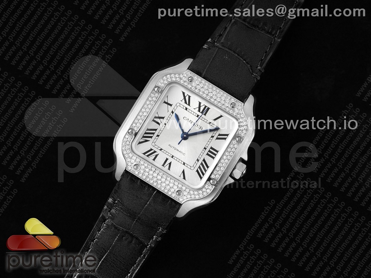 3K공장 까르띠에 산토스 드 화이트다이얼 다이아베젤 35MM 미디움 / Santos de Cartier 35mm 3KF 11 Best Edition White Dial Diamonds Bezel on Black Leather Strap MIYOTA 9015