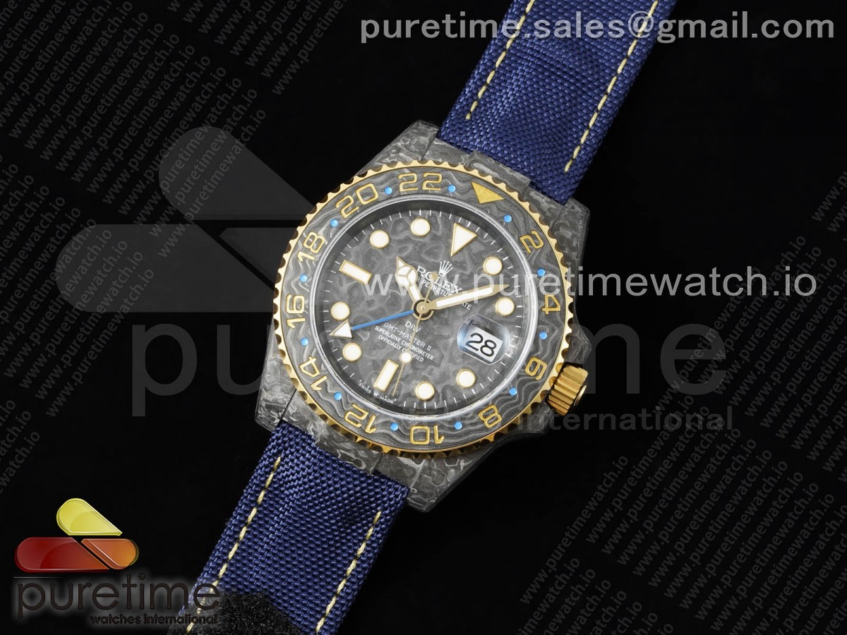 OM공장 롤렉스 GMT DIW 카본 옐로우골드베젤 블루나일론 / GMT DIW Carbon OMF Best Edition Black Dial YG Bezel on Blue Nylon Strap SA3186 CHS