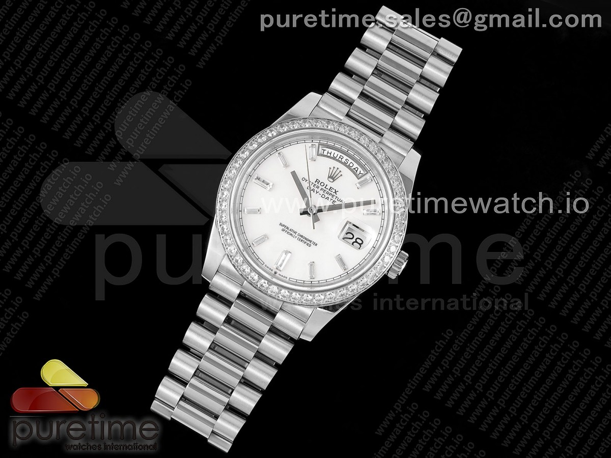 JD공장 롤렉스 데이데이트 화이트 다이아인덱스 다이아베젤 40 / Day Date 40 SS 904L Steel JDF 11 Best Edition White Dial Diamonds Bezel on SS Bracelet A2836