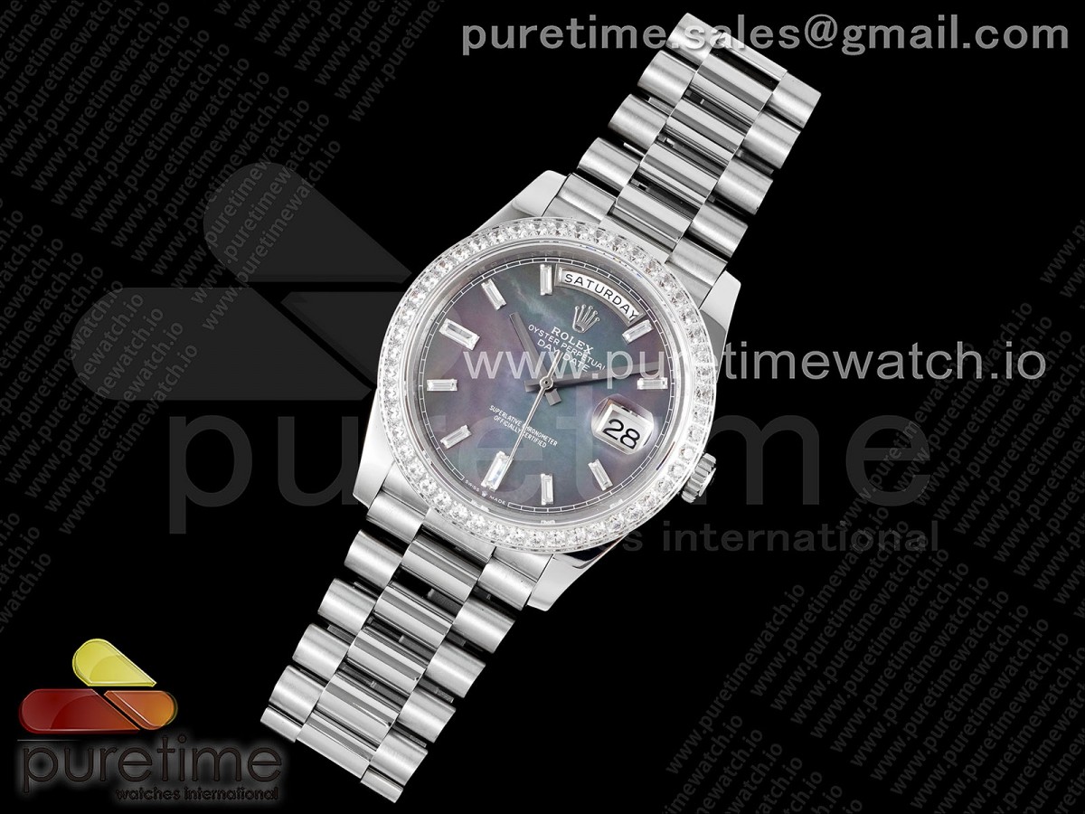 JD공장 롤렉스 데이데이트 그레이자개 다이아인덱스 다이아베젤 40 / Day Date 40 SS 904L Steel JDF 11 Best Edition Gray MOP Dial Diamonds Bezel on SS Bracelet A2836