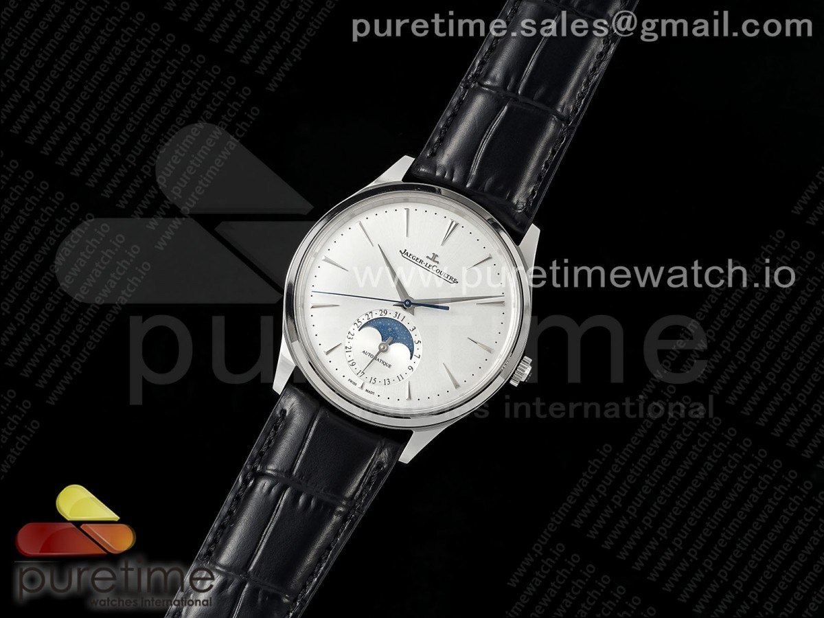 APS공장 예거 울씬문 신형 로즈골드 화이트 다이얼 Master Ultra Thin Moon SS APSF 11 Best Edition Silver Dial on Black Leather Strap SA925 Super Clone