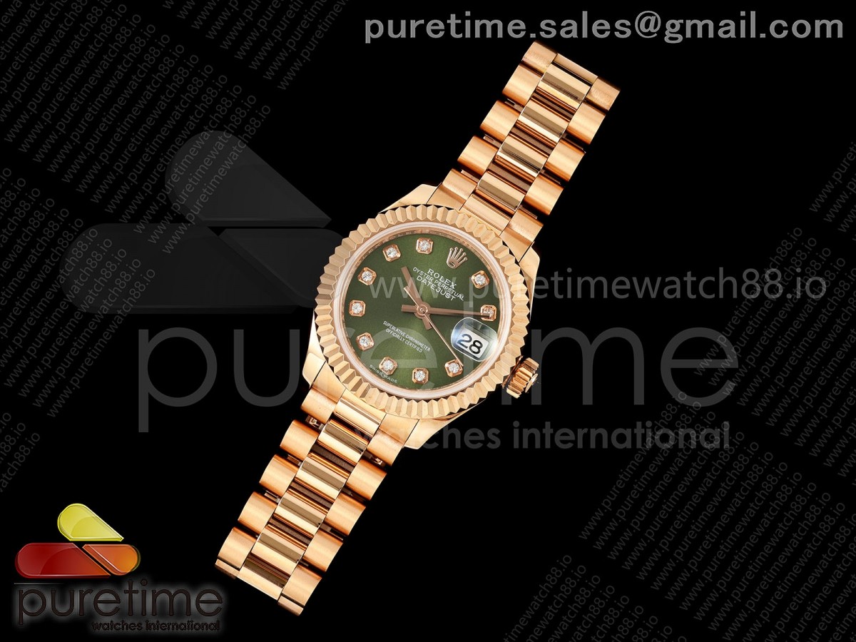 JD공장 롤렉스 데이저스트 28미리 여성용 DATEJUST 28 RG JDF 11 BEST EDITION GREEN DIAMONDS DIAL ON RG PRESIDENT BRACELET A2671