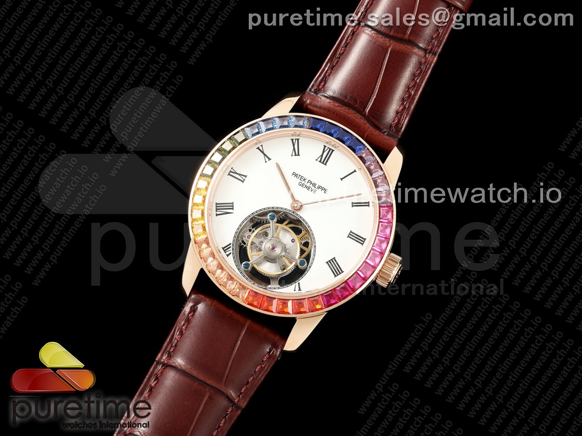 RMS공장 파텍필립 투어빌론PP Tourbillon RG Rainbow Bezel RMSF Edition White Dial on Brown Leather Strap